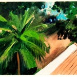 Hiriketiya beach le 14 juillet 25, Abel Pradalié huile sur papier, 23x15cm